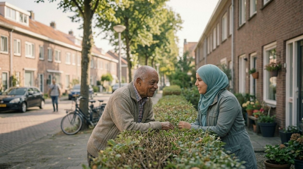 Een oudere man en een jonge vrouw met hoofddoek praten met elkaar over de heg in een woonstraat