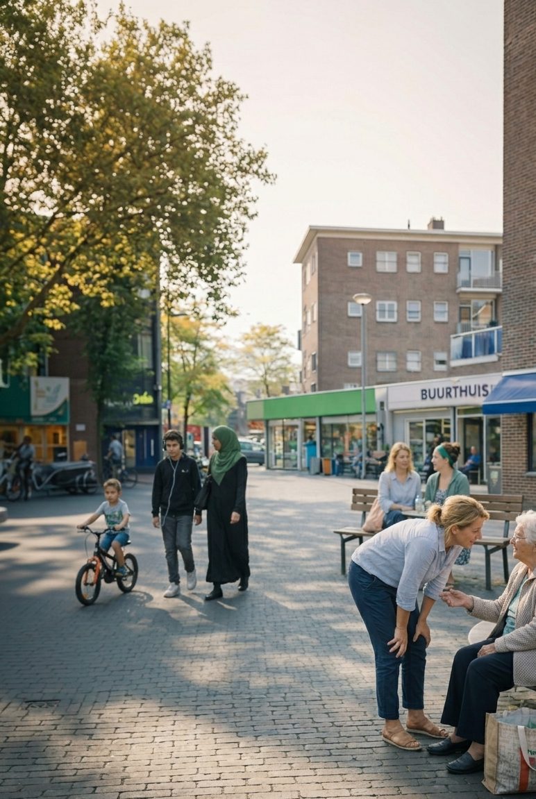 Buurtbewoners van verschillende leeftijden ontmoeten elkaar op een plein voor het buurthuis